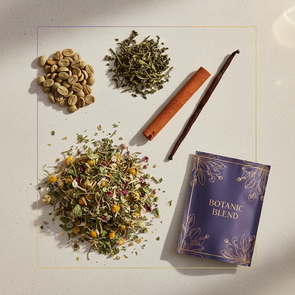 Overhead flat-lay of botanical ingredients - green coffee beans, herbs, and plant extracts for Slim Coffee Booster