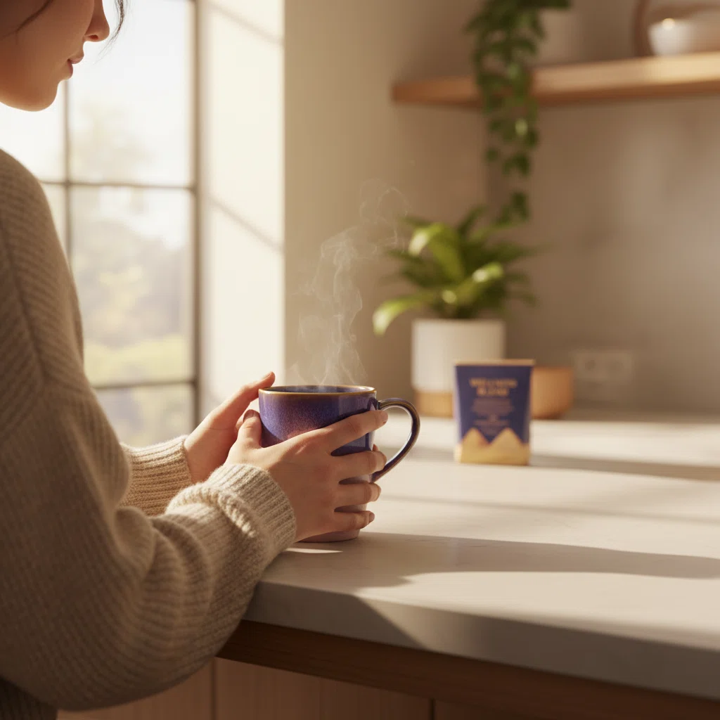 Anonymous person holding a warm morning coffee - daily wellness routine supplement